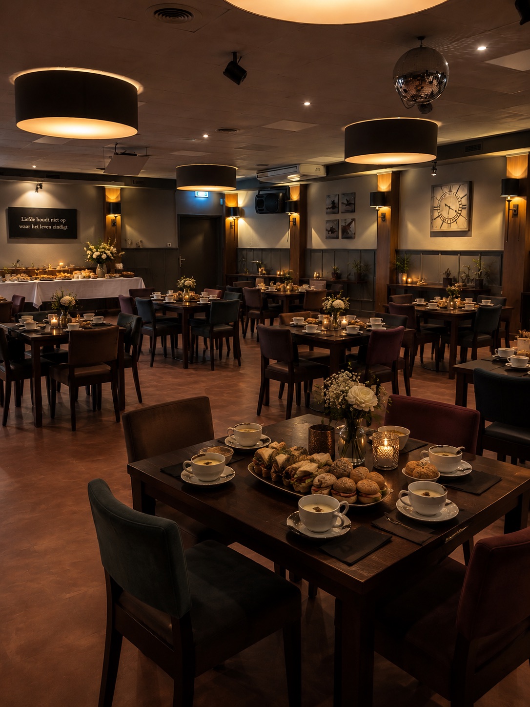 Gedekte tafels met koffie, soep en belegde broodjes in de zaal van De Bond